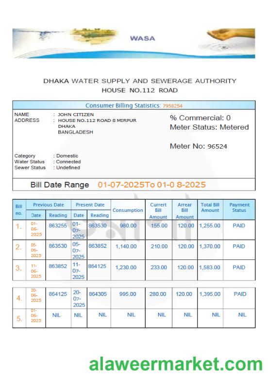 Bangladesh Dhaka Water Supply and Sewerage Authority utility bill template in Word and PDF formats